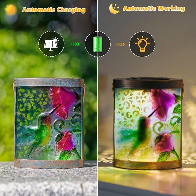 2 Pack Hummingbird Hanging Solar Lanterns Outdoor Waterproof, Tabletop Lamp Glass Solar Lantern for Patio Garden