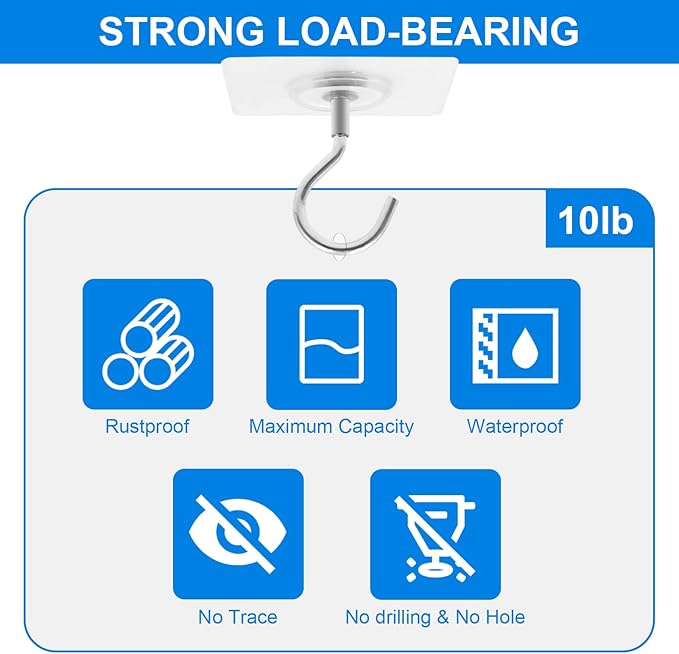 Adhesive Ceiling Hooks，10 Pack No Drill Ceiling Hanging Hook for Hanging Plants Lanterns,Wind Chimes Stainless Steel Outdoor Adhesive Hooks