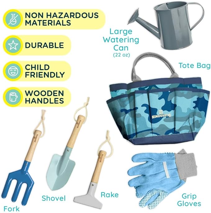Gardening Set, Tool Kit, for Kids, STEM, Includes Tote Bag, Spade, Watering Can, Rake, Fork, Trowel and Gloves (Camo Quest)