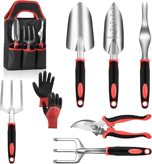 Garden Tool Set with Non Slip Rubber Grip,8 Piece Stainless Steel Gardening Tool Sets,Heavy Duty Outdoor Hand Tools Durable Storage Tote Bag,Uprooting Weeding Tool, Gifts for Women Men(Red)
