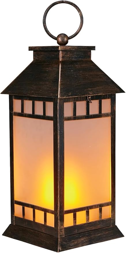 18'' Glass Solar Lantern Outdoor Waterproof, Large Hanging Solar Lanterns with Flickering Flame Lights, Metal Outdoor Lantern Decorative for Patio Garden Backyard Tabletop, Vintage Bronze