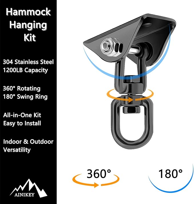 Heavy Duty Hammock Hanging Kit, 360° Rotating 1200 lb Swing Hangers for Hammock Chair Stand, Yoga, Porch Swing, Tree, Seat, Ceiling Mount, Outdoor Indoor Hanging Hardware Black | Pack of 5