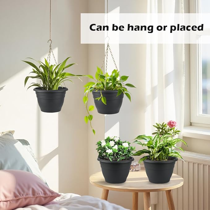 Hanging Planters 10 Inch, 4 Pcs Flower Pots with Drainage Hole, Self Watering Hanging Basket for Indoor Outdoor Plants, Decor, Gray