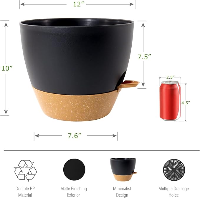 12 inch Large Self Watering Pots, Plastic Planters with 60oZ Removable Deep Reservoir and Multi Mesh Drainage Holes for Indoor Outdoor Garden Plants and Flowers, Black with Brown