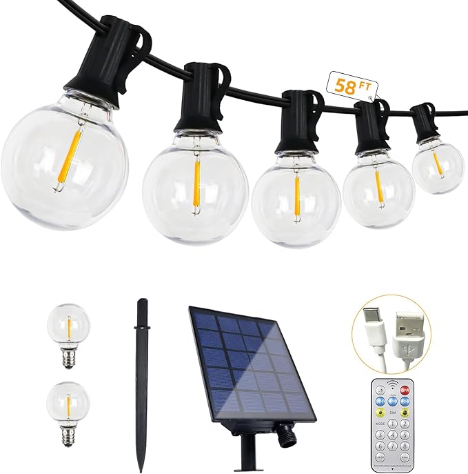 58FT Solar String Lights Waterproof with Remote, G40 LED Dimmable Globe Outdoor Lights for Patio with 27 Edison Vintage Shatterproof Bulbs, Connectable Backyard Lights for Bistro, Porch