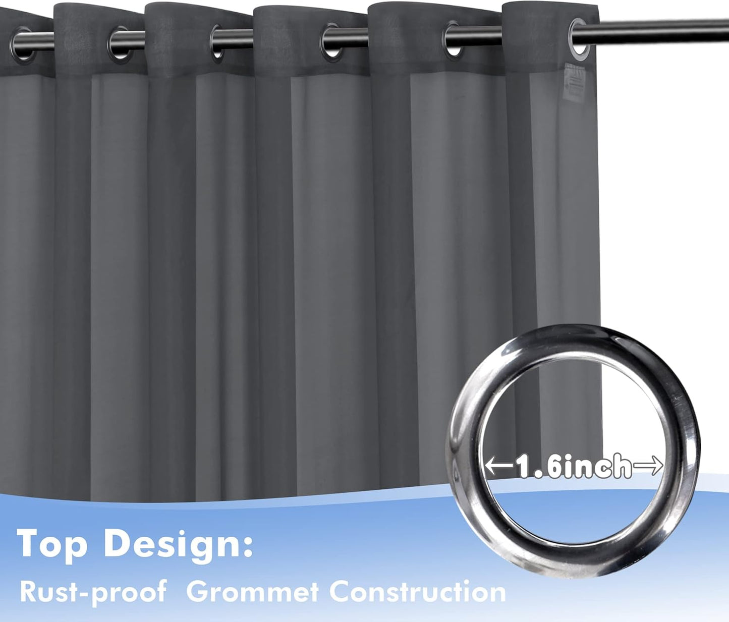 HolidayIdeas Outdoor Sheer Curtains for Patio Waterproof, 2 Panels - 54 x 95 Inch - Grey Light Filtering Voile Outside Curtains Grommet Drapes for Front Porch, Gazebo, Pergola, Backyard