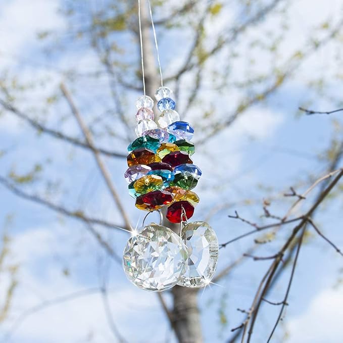 H&D HYALINE & DORA Hanging Crystal Suncatcher Rainbow Maker with Heart Prism Pendant and Crystal Prism Ball and Chakra Colored Beads,for Window Decor,Pack of 2