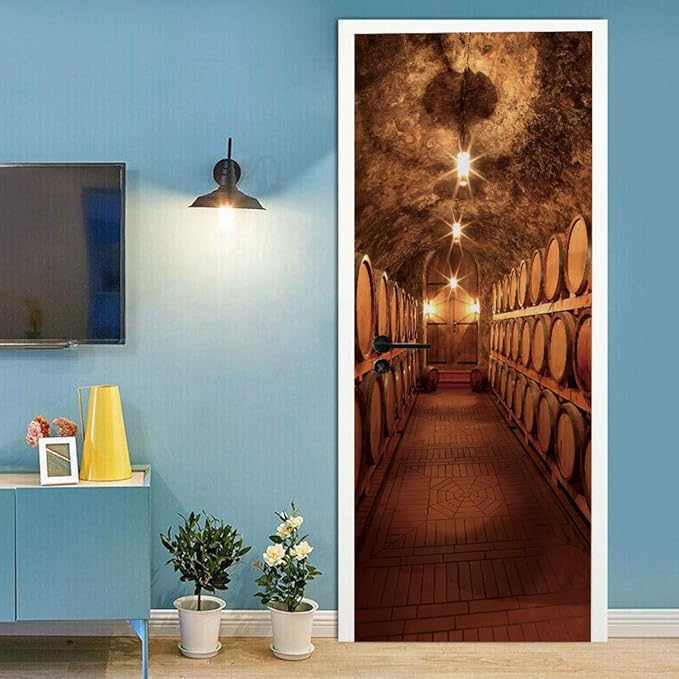 3D Door Stickers Murals Peel and Stick - Wine Cellar Wallpaper Self-Adhesive Decals - Removable PVC Waterproof Poster for Bedroom Living Room 35.4" x 78.7"