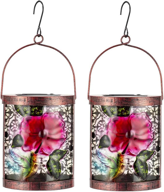 2 Pack Hummingbird Hanging Solar Lanterns Outdoor Waterproof LED Light Tabletop Glass Solar Lantern for Garden Patio