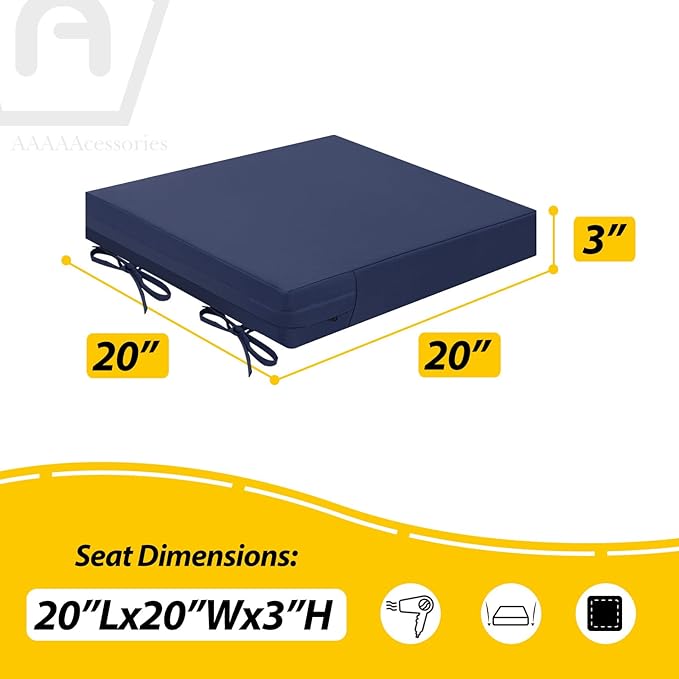 AAAAAcessories Outdoor Seat Cushions for Chairs, Waterproof, Fade-Resistant Patio Furniture Replacement Cushions, 20" x 20" x 3", Set of 2, Navy Blue
