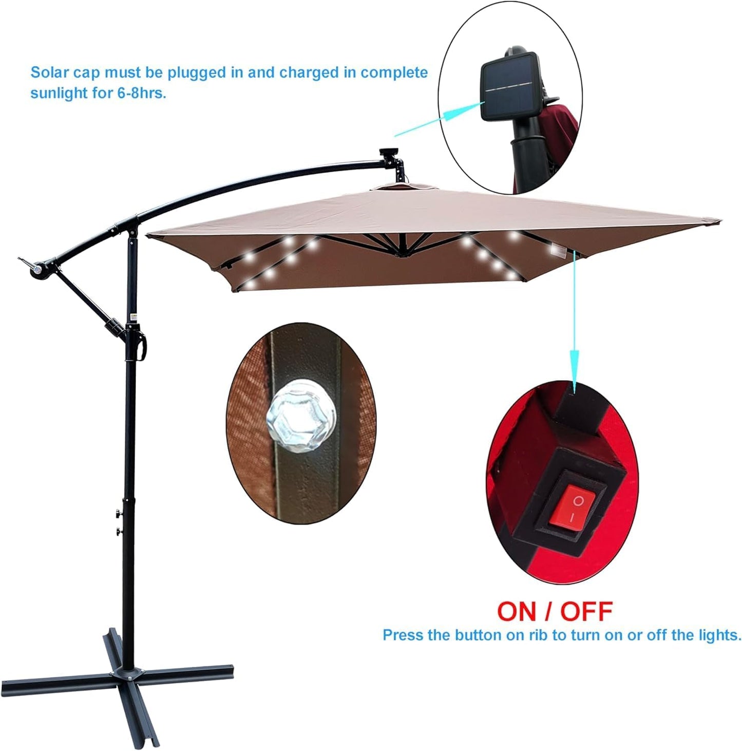 10x6.5FT Patio Umbrella, Outdoor Offset Umbrella with Cross Base and Crank, Rectangular Cantilever Umbrella with Solar Lights, Hanging Market Umbrella with 6 Rids for Pool, Deck, Backyard (Mushroom)