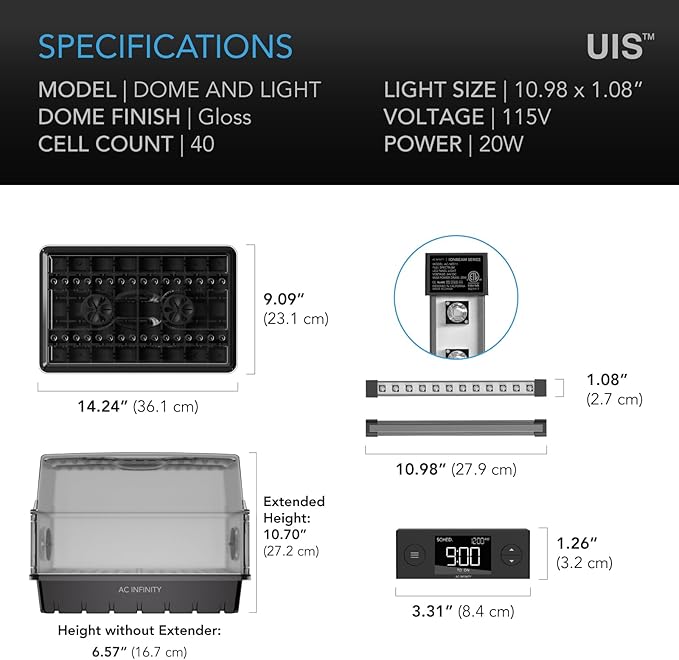 AC Infinity Heavy Duty 3mm Thick Humidity Dome Germination Kit with LED Grow Light Bars, Drip Tray, Seedling Tray, Vented Height Extension Panels for Seed Starting, Cloning, Indoor Gardening