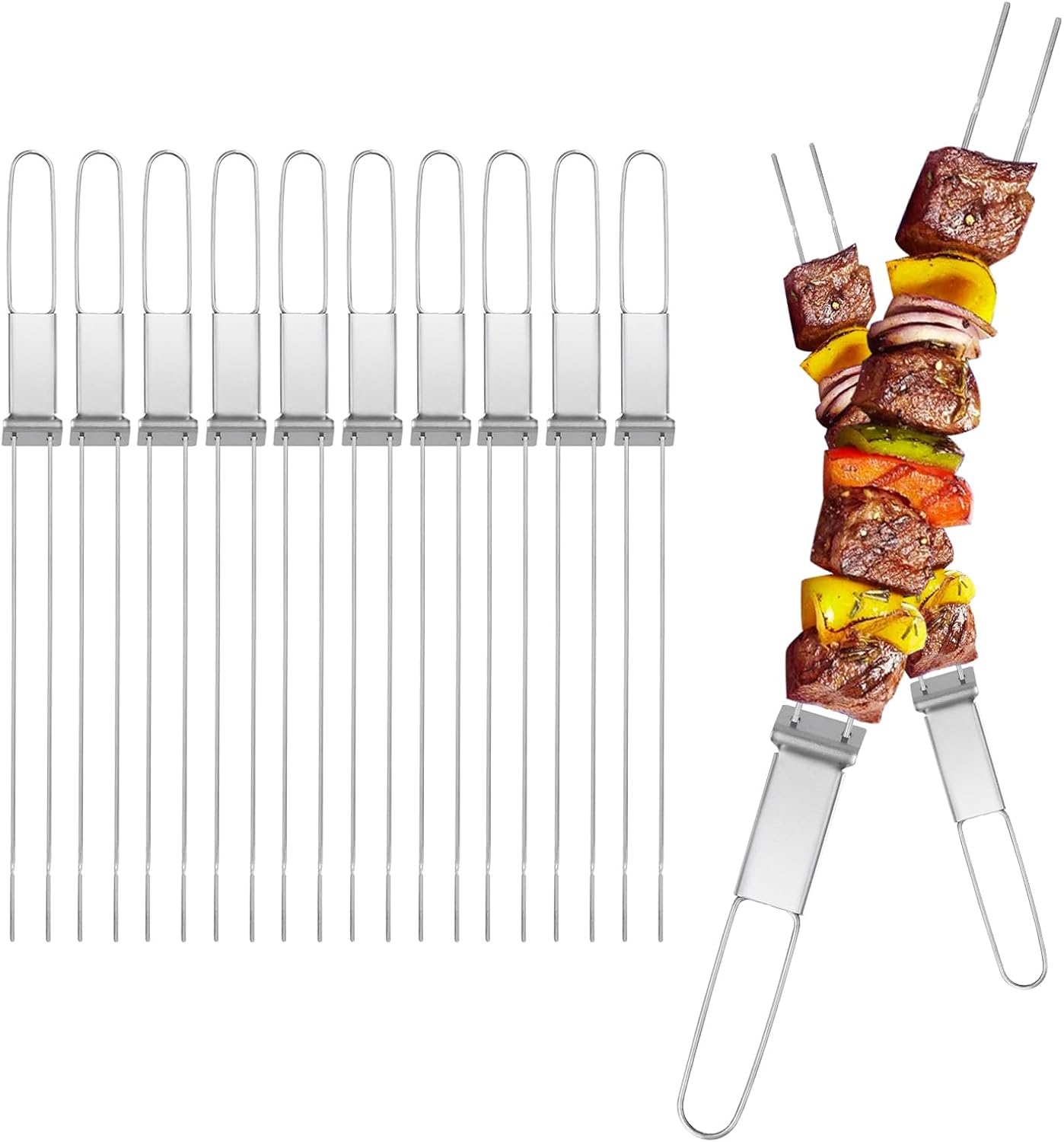 13inch 10(packs) Double Fork Flat Stainless Steel BBQ Skewers with Push Bar, Reusable Skewers for Grilling for Meat, Vegetable, BBQ Accessories