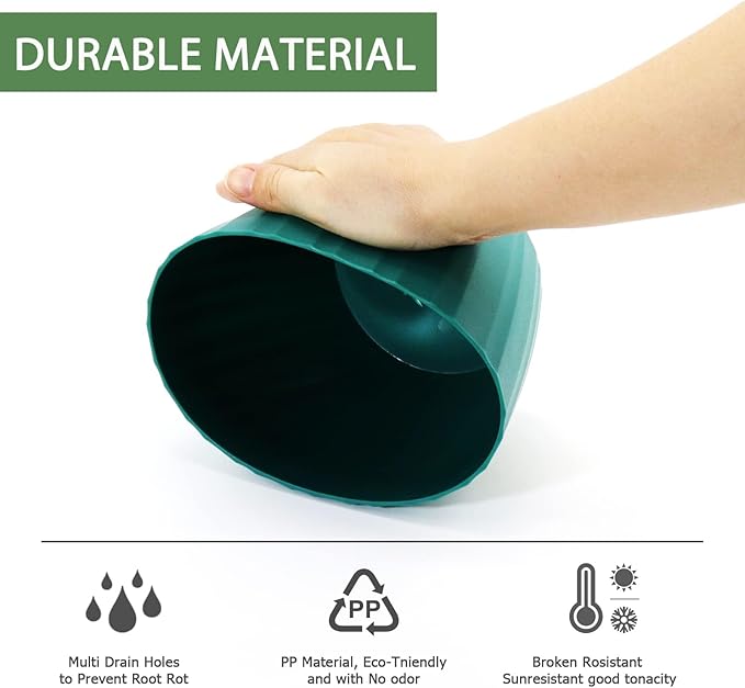 7 Inch Plant Pots Bulk, 6 Pack Plastic Planters with Drainage Holes and Saucers for Indoor Outdoor House Plants and Flowers, Green