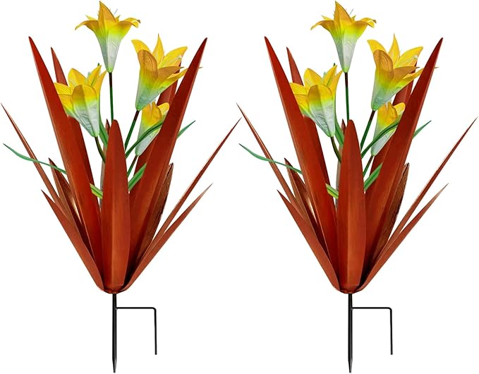 Homight Metal Agave Plant Outdoor Decoration Outdoor Garden Decoration Lily Mexican Yard Art Plant Garden Agave Lily Decorative Garden Gift… (2 Big Yellow Lilies)