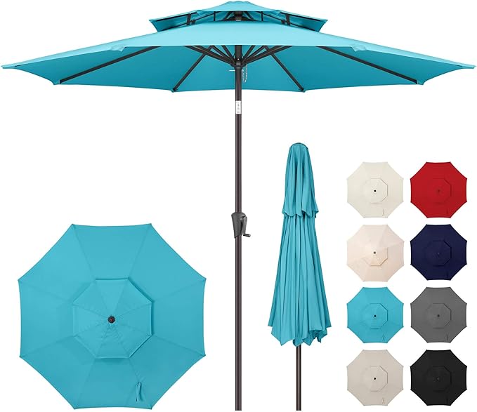 9ft Outdoor Patio Umbrella - 2 Tiers Table Umbrella Waterprool UV Protection, Sombrillas de Patio with Push Button Tilt&Crank, Sun Umbrella for Pool, Porch, Garden, Backyard(Sky Blue)