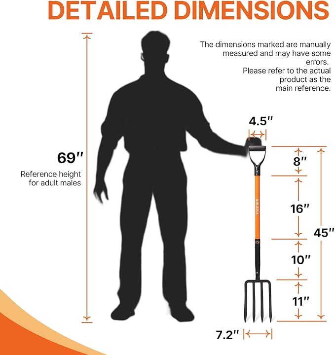 4-Tine Garden Fork,Heavy Duty Pitch Fork for Gardening,Digging Fork and Spading Fork for Loosening Soil,Compost Fork with Fiberglass Handle,45 Inch