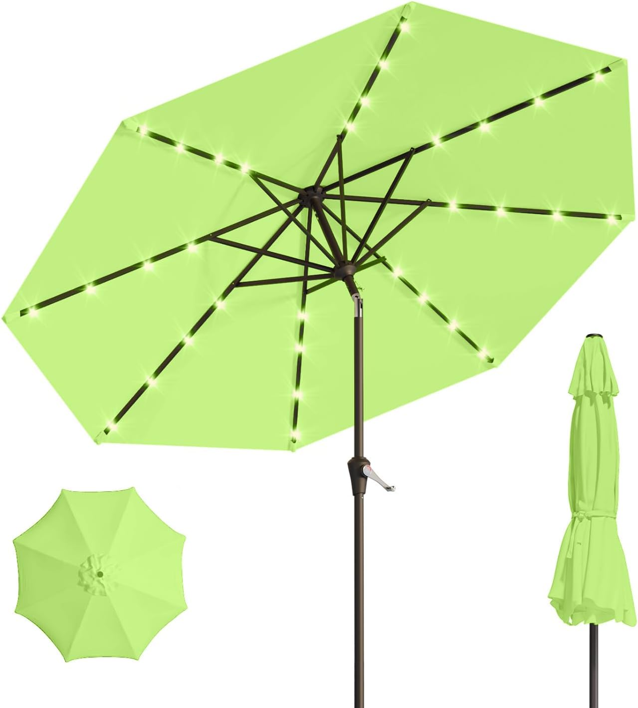 10FT Solar Umbrella 32 LED Lighted Patio Umbrella Table Market Umbrella w/Tilt and Crank, UV-Resistant Outdoor Umbrella for Pool, Garden, Deck, Apple Green