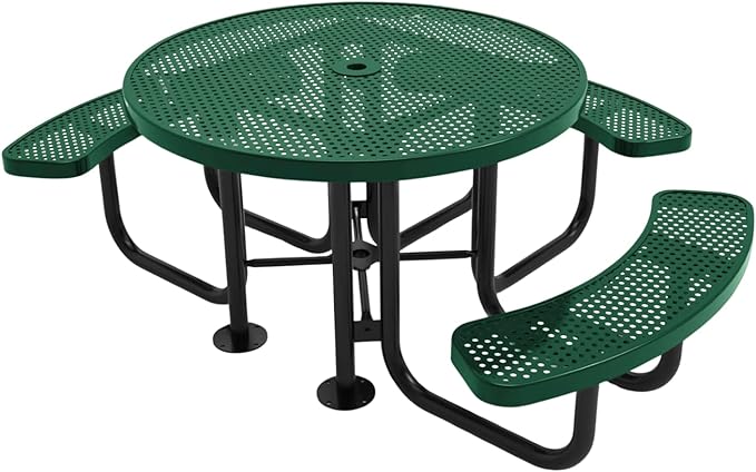 Heavy-Duty Portable Outdoor Picnic Table with Umbrella Hole, Punched Steel Patio Dining Furniture Made in America (46" Round Top, Textured Green)