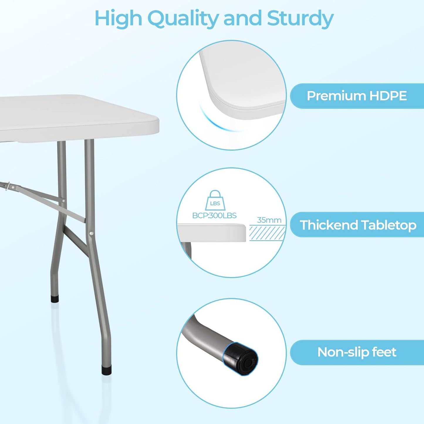 6ft Folding Table, Outdoor Foldable Table with HDPE Tabletop, Safety Locks, Easy to Carry and Store, No-Assembly Camping Table for Dining, Picnic, White
