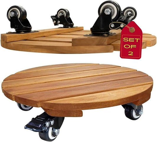 Idzo 2pack 12inches Wood Plant Caddy with Wheels Heavy Duty, 264 Lbs Capacity, Acacia Hardwood Plant Dolly, Plant Stand with 360° Lockable Wheels for Plant Pots, Heavy Objects Hauling - Natural Wood