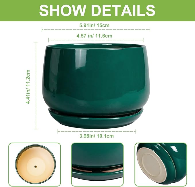 G EPGardening 6 Inch Plant Pot - Ceramic Planter for Indoor Plants, Round Planter with Drainage and Ceramic Tray, Flower Pots for Outdoor, Modern House Decor, Gift for Men Women, Green