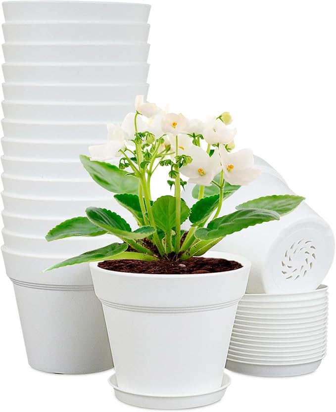 4 inch Small Plastic Nursery Pots, Seedling Pots, 16 Pack Plant Pots for Indoor Outdoor Plants, Flower Pots with Drainage Holes and Saucers, Decorative Planters for House Plants, White