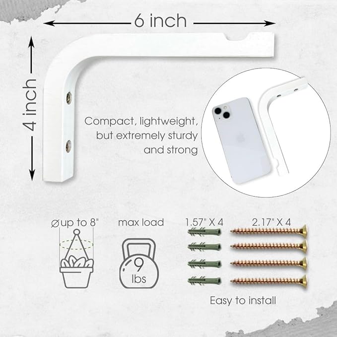 2-Piece Set of Plant Hooks for Wall 6 inch - Mounted Wooden Plant Hook - Indoor and Outdoor Bracket Plant Hanger for Planters, Lanterns, Bird Feeders, Patio Decorations (White)