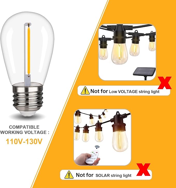 48 Pack S14 LED String Light Bulbs, 1W Shatterproof & Waterproof Outdoor Indoor Replacement Bulbs, E26 Base Edison LED Light Bulbs Warm White 2200K. (S14 48Pack)