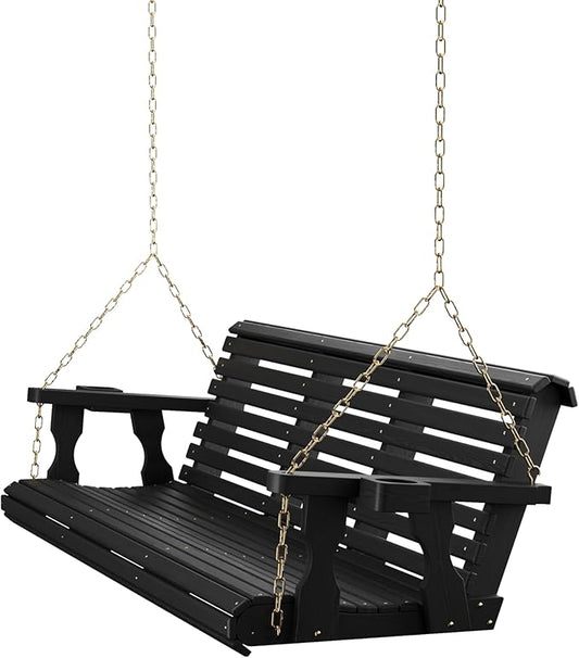 Amish Casual 6 Foot Roll Back Porch Swing with Cup Holders in Semi-Solid Black Stain - Amish Made in The USA from Treated Pine Heavy Duty 700 Lb. Weight Capacity