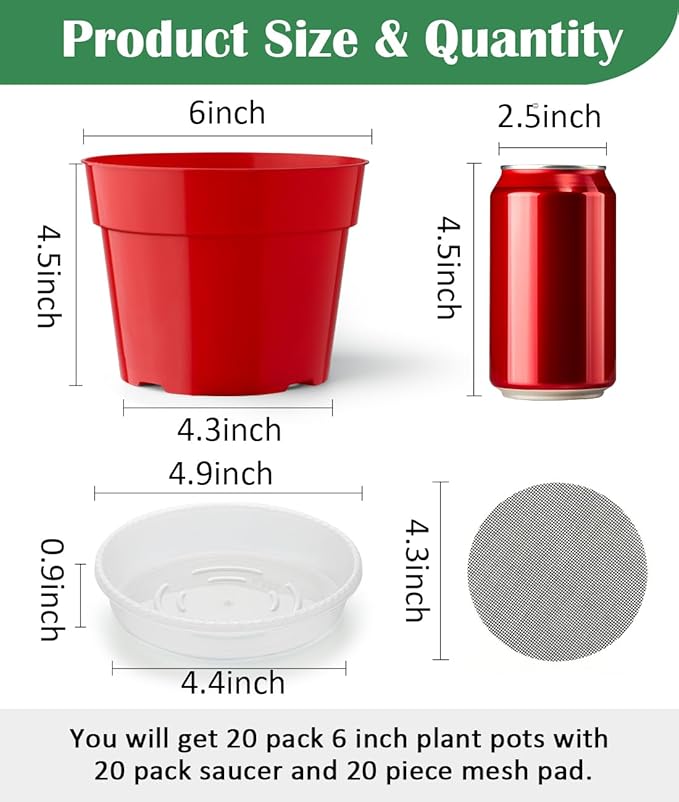 20 Pack 6 Inch Plant Pots, Thickened Plastic Flower Pots with 20 Pcs Water Collecting Trays, 20 Soil Block Mesh Pads, Red