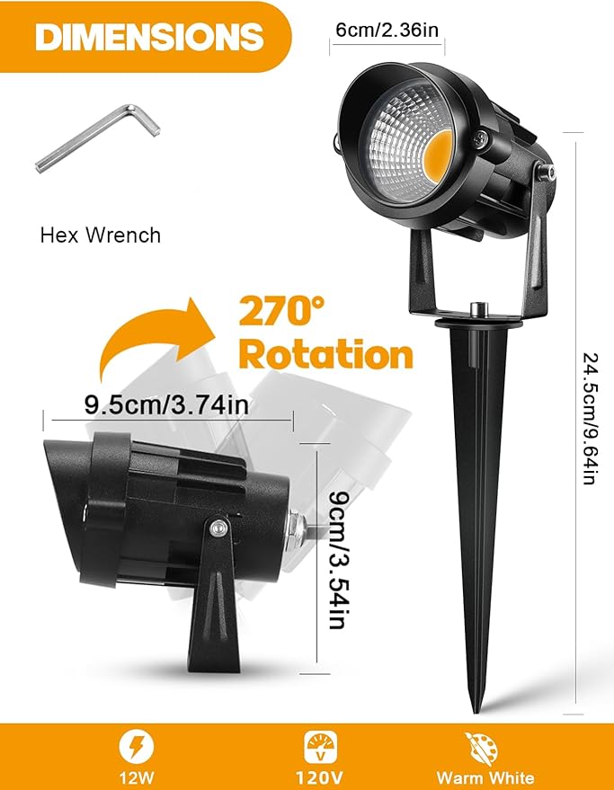 12W Landscape Lighting - Warm White Plug in Outdoor Landscape Light IP65 Waterproof 120V Lawn Flag Light Christmas Halloween Decorative Spotlight for Tree Outdoor Indoor Yard Garden, 2 Packs