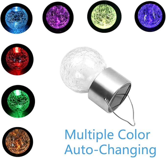 Hanging Solar Powered LED Light with 7 Color Auto-Changing, Cracked Glass Ball Light, Waterproof Outdoor Christmas Decorative Lantern for Garden, Yard, Patio, Lawn (Colorful, 1)
