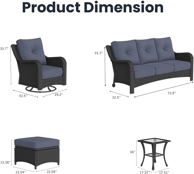 6 Pieces Outdoor Patio Furniture Sets with Rocking Swivel Chairs with 6-inch Thick Cushion and Side Table for Deck Lawn
