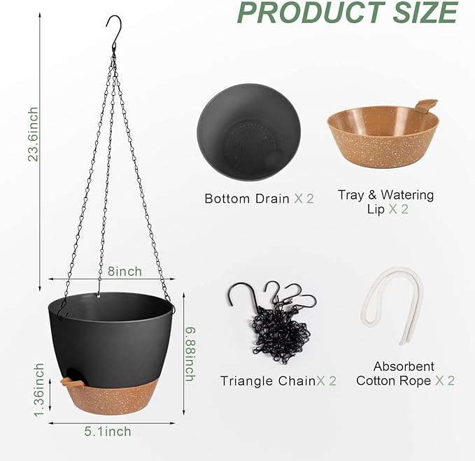 Hanging Planters for Indoor Outdoor Plants, 2 Pack Self Watering Hanging Pot with Drainage Holes & Removable Tray (Black, 8'')