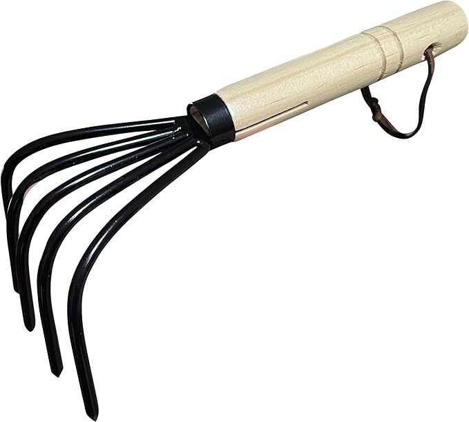 Garden Guru Hand Rake Cultivator Claw Soil Tiller - Military Grade Steel - Rust Resistant - 5 Tine Japanese Ninja Claw - Comfortable Wood Handle - Perfect Pulverized and Aerated Soil (4 Pack)