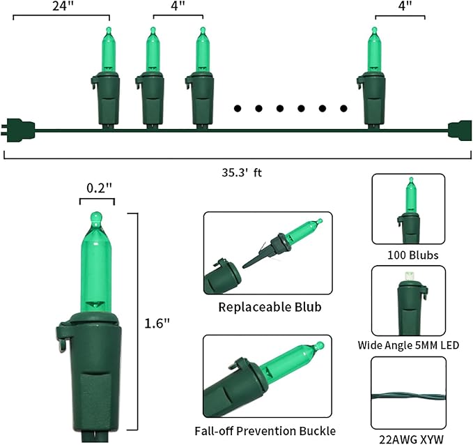 Green LED Christmas Lights - 100 Count Green Christmas String Lights for Tree, Party, Holiday, Indoor and Outdoor St. Patrick's Day Decorations, 33 Feet Green Wire, UL Certified, Connectable