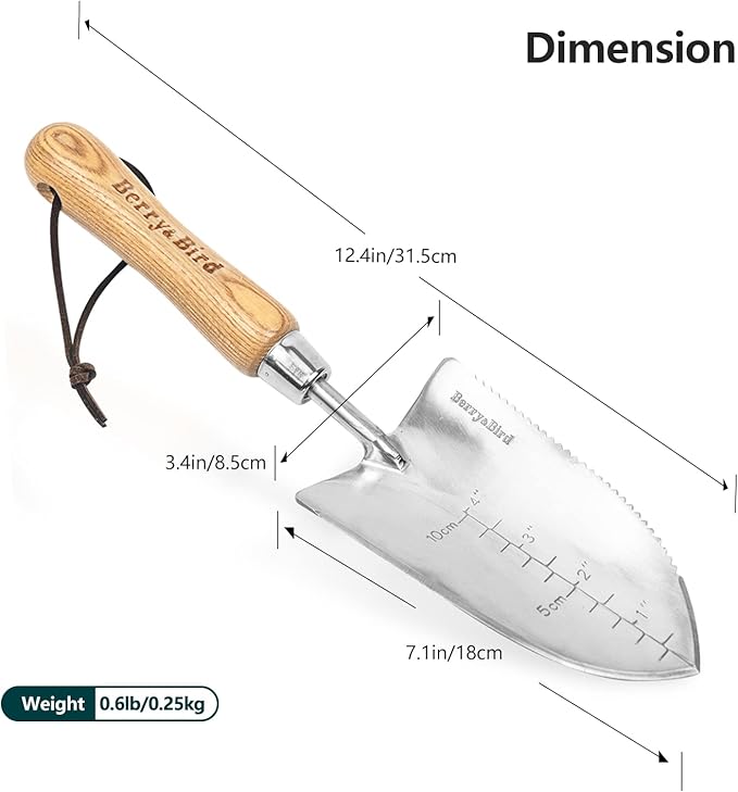 Garden Serrated Planting Trowel, Multifunctional Shovel with ash Wood and Stainless Steel Digging Trowel Transplanter