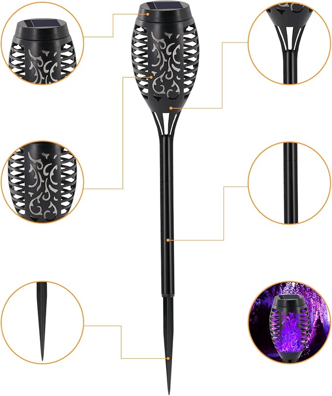 Halloween Decorations Outdoor, 12 Pack Purple Solar Lights Outdoor Waterproof 12 LED Mini Tiki Torch Lights with Flickering Flame for Outside Landscape Garden Pathway Dusk to Dawn Auto On/Off
