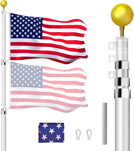 16FT Telescopic Flag Pole Kit, Heavy Duty 16 Gauge Aluminum Outdoor In Ground Flag Poles with an Embroidered 3x5 USA Flag, for Residential or Commercial,Garden,Yard Flag Poles