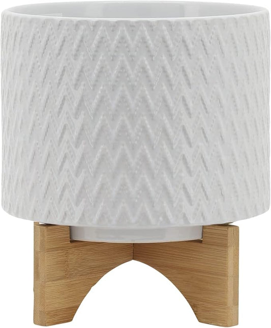 8" Ceramic Planter on Wooden Bamboo Stand - Contemporary White Chevron Design for Indoor or Outdoor Plants, Succulents, Cactus