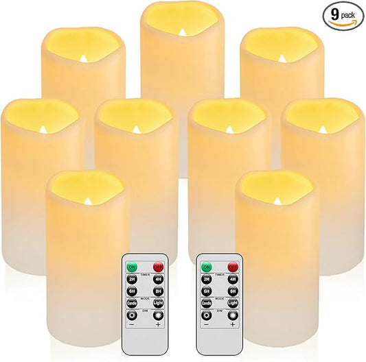 9PACK Outdoor Waterproof Plastic flameless Candles with Remote Control LED Flickering Battery Operated Pillar Candles Cycling 24 Hours Timer (D3 xH5.5) for Camping, Weddings, Party,Home Decoration