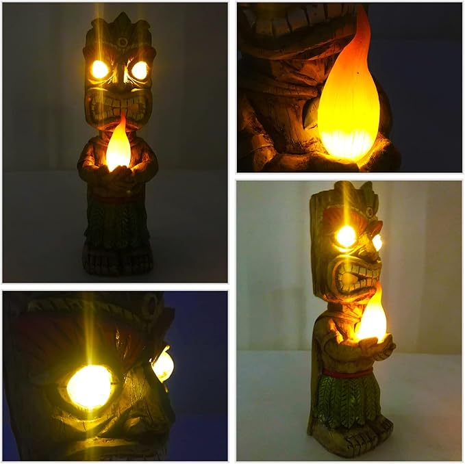 13" Tall Solar Torch Tiki Garden Statue, Resin Large Tiki Decor Figurine with Solar Lights, Hawaiian Tiki Man, Outdoor Patio Yard Lawn Bar Party Beach Pool Pond Decoration, Valentine's Day Gift