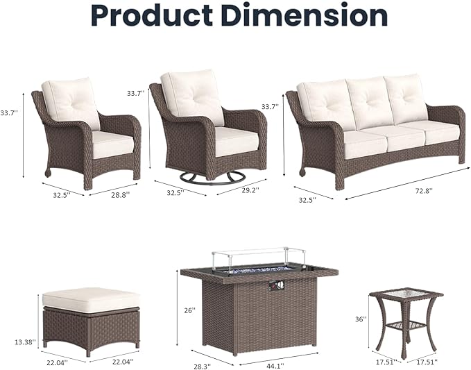 10 Pieces Outdoor Patio Furniture Sets with Rocking Swivel Chairs with 6-inch Thick Cushion and Fire Pit Table for Deck Lawn