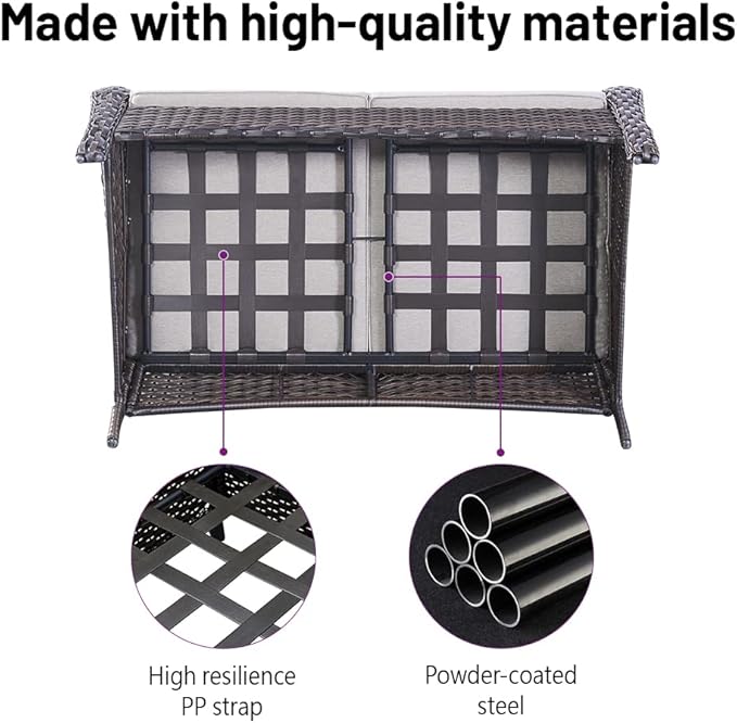 5 Piece Outdoor Patio Furniture Set - Wicker Furniture Patio Conversation Set, Outdoor Swivel Rocker Chairs with Loveseat Sofa and 2 Ottomans for Small Space, Gray Cushion