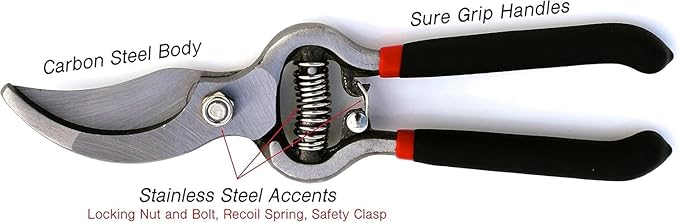 GARDEN GURU Classic Bypass Pruning Shears Clippers – Heavy Duty Forged Steel Garden Pruners – Safety Lock – Non Slip Comfort Grips – Cuts up to 1” Diameter – Professional Bypass Pruners for Gardening