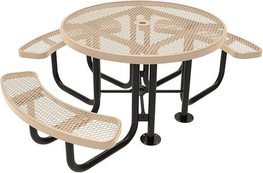 Heavy-Duty Portable Outdoor Picnic Table with Umbrella Hole, Expanded Metal Patio Dining Furniture Made in America (46" Round Top, Tan)
