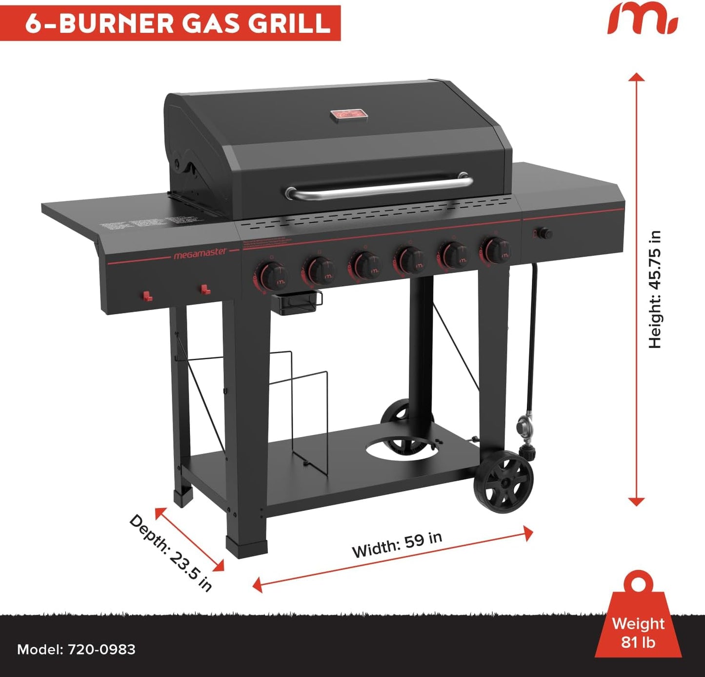 6-Burner Propane Barbecue Gas grill, Side Shelves With Hooks, for Camping, Outdoor Cooking, Patio, Garden Barbecue Grill, Open Cart With Side Tables, Black