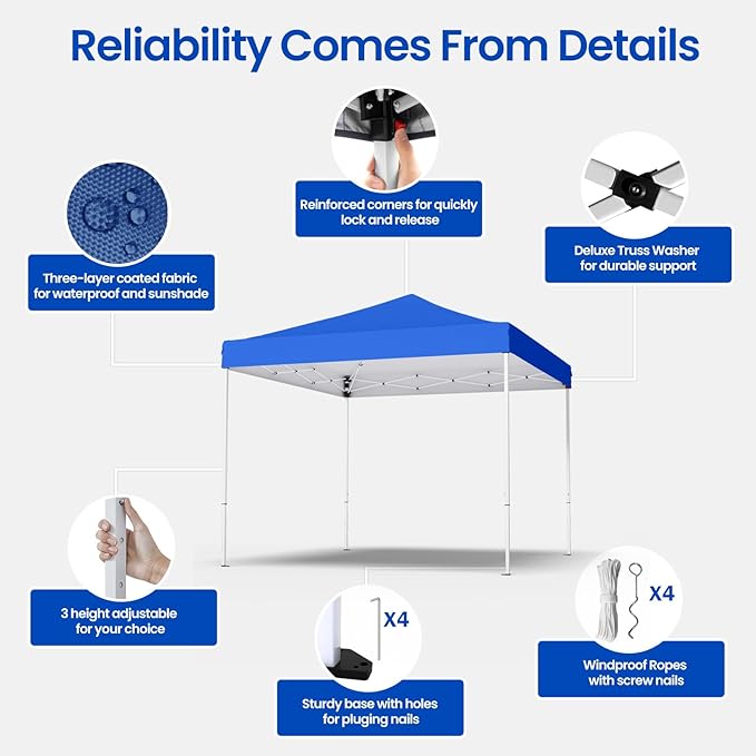 10x10ft Pop Up Canopy Tent,Heavy Duty Waterproof Folding Tent for Camping Parties Events Parties,Outdoor Canopy,Portable Sun Shelter,3 Adjustable Height(Blue)