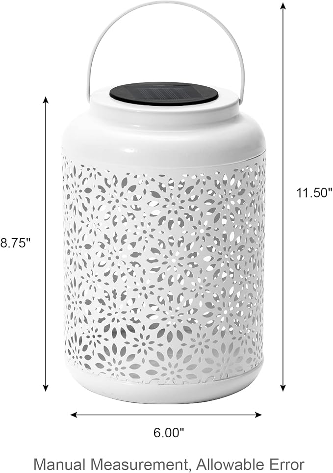 Glitzhome Solar Lantern White Metal Cutout Flower Outdoor Hanging Solar Light with Handle for Garden Patio Yard Outdoor Decor